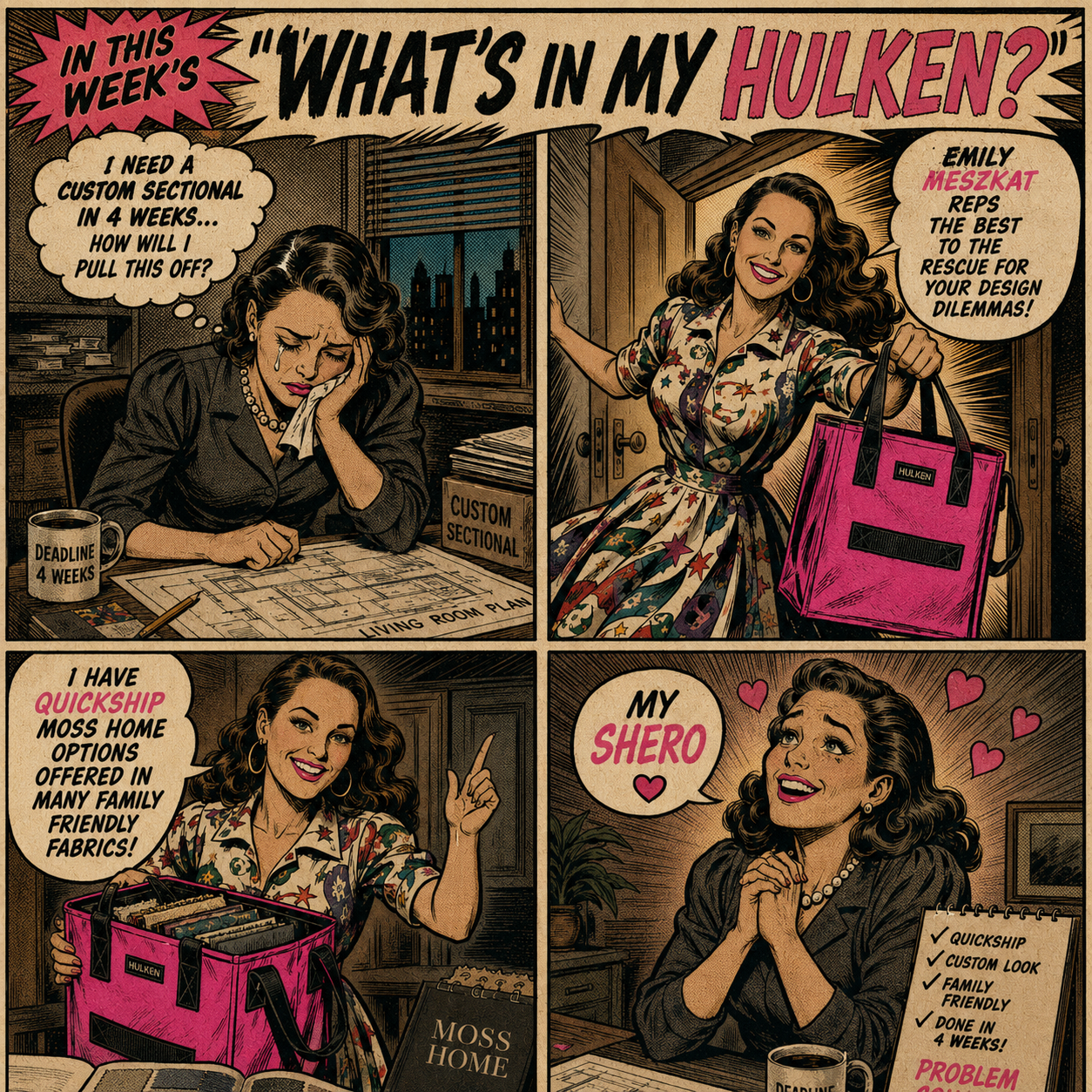 What's in my Hulken? Comic strip showing Emily Meszkat as the design dilemma rescuer